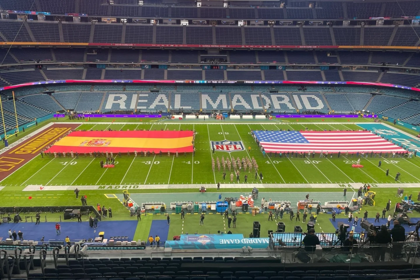 Real Madrid stadium with NFL European stage rehearsal