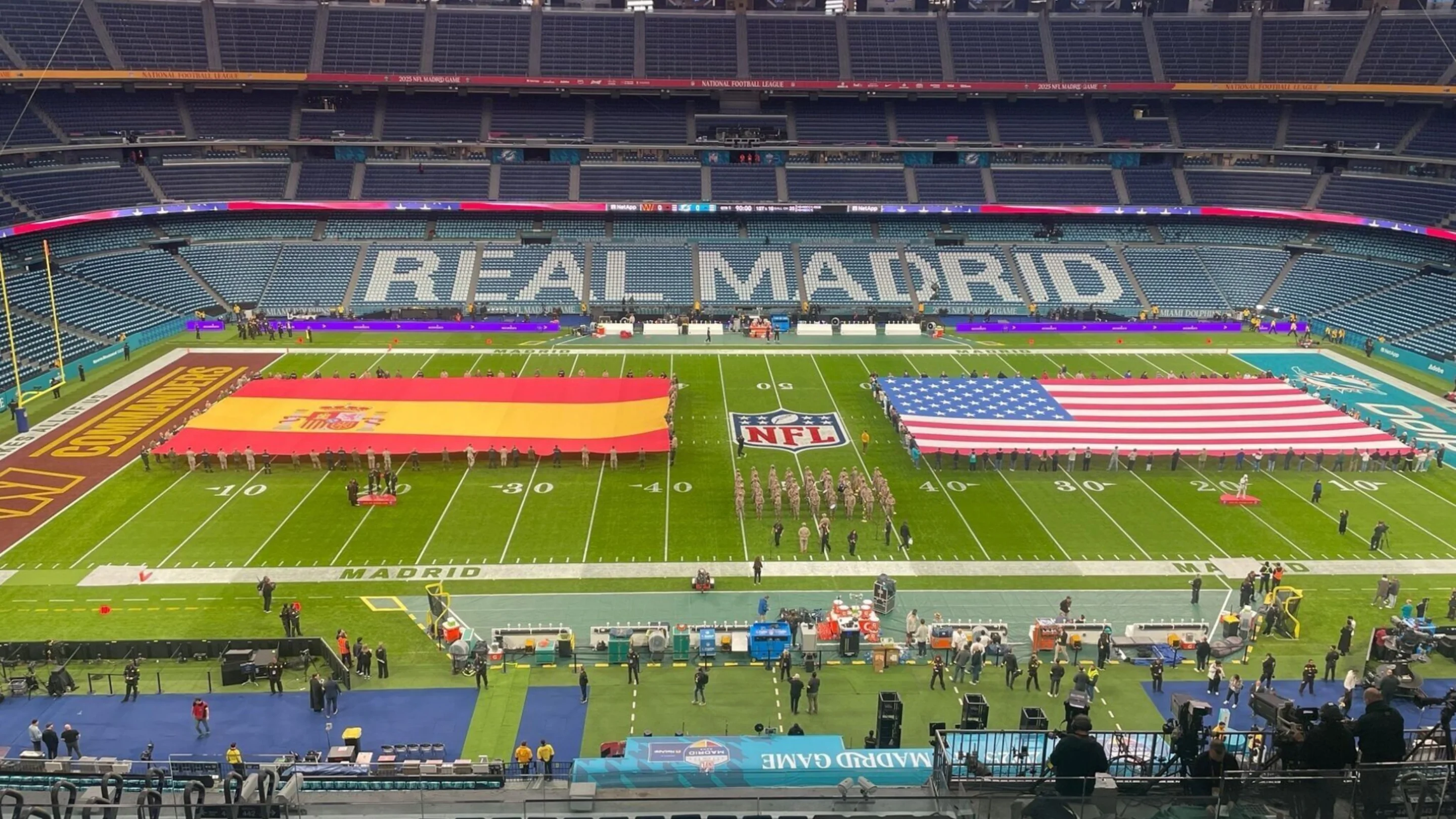 Real Madrid stadium with NFL European stage rehearsal