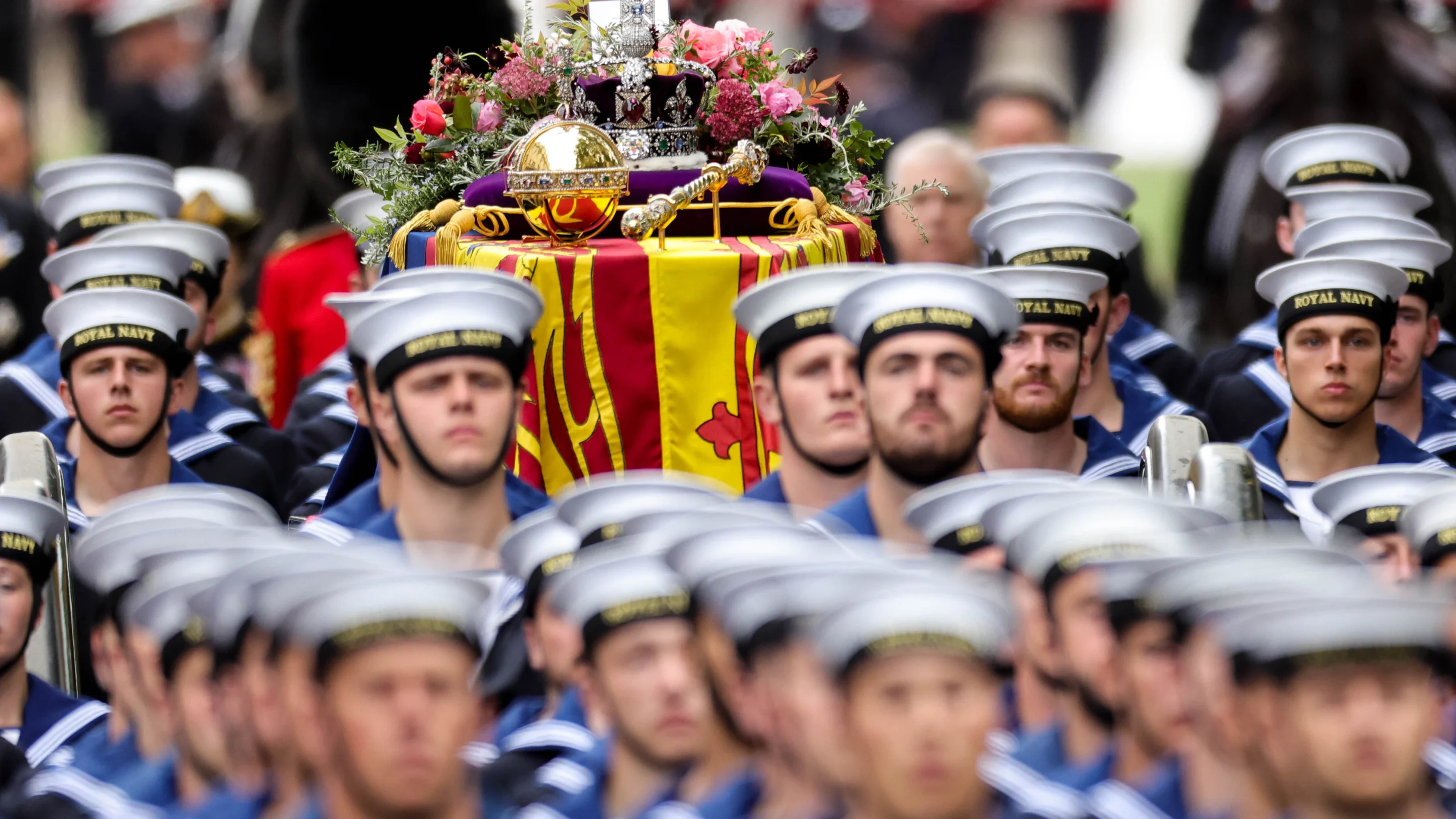 Queen's funeral cortege borne on the State Gun Carriage of the Royal Navy carrying Queen Elizabeth II to Westminster Abbey